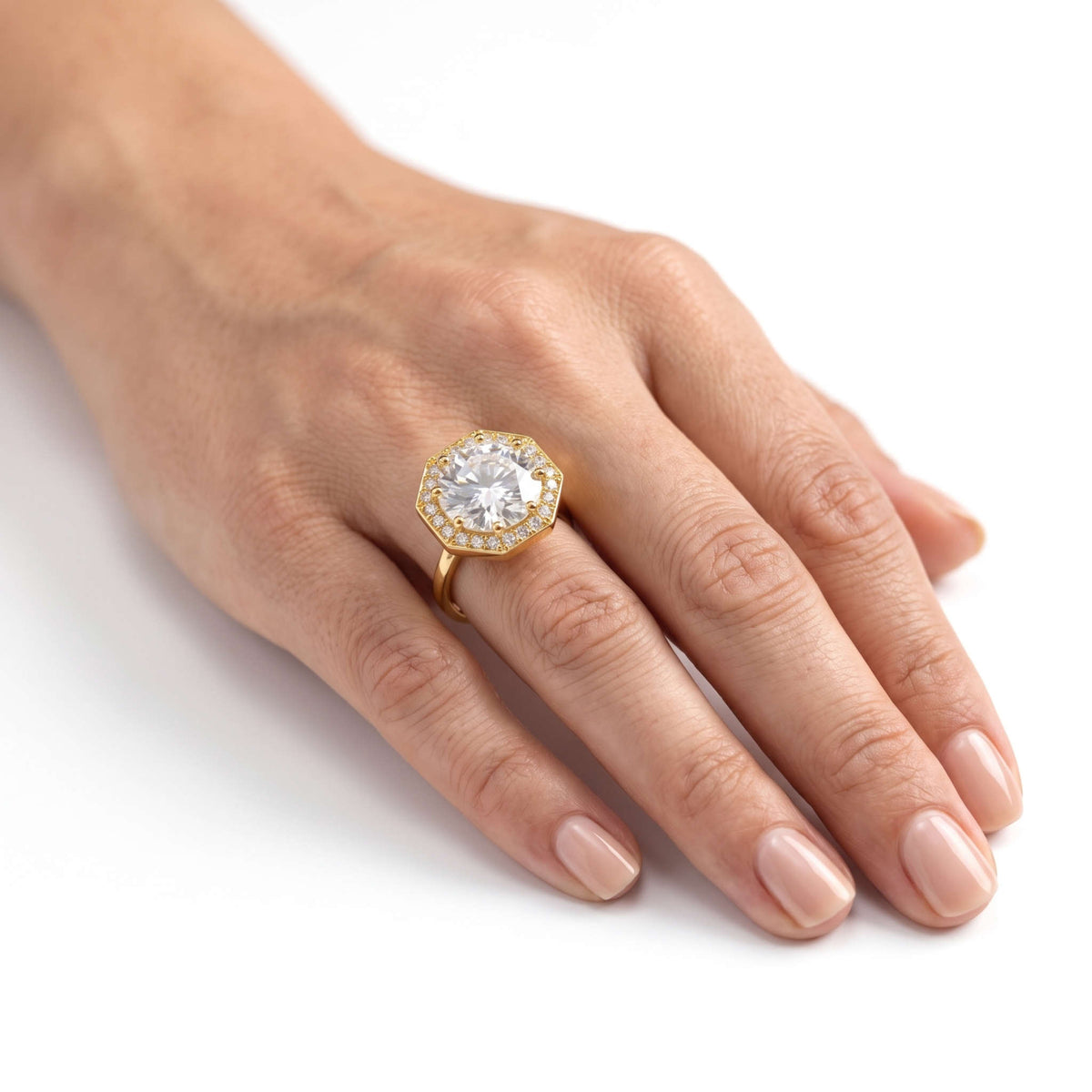 Gold octagonal halo solitaire ring for women - RANGREZ (view 4)