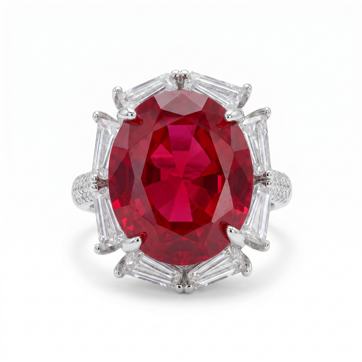 Noctis Red Ruby CZ Oval Cocktail Ring, Rhodium finish