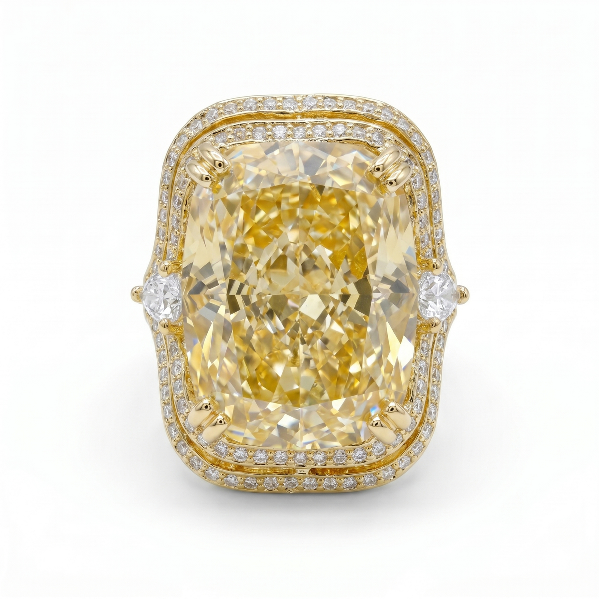 Crystal Cushion Cut Double Halo Statement Cocktail Ring, Gold finish