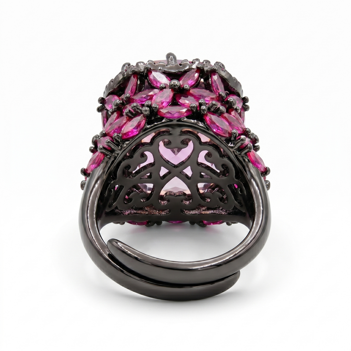 Jardina Ruthenium Crystal Floral Statement Cocktail Ring, Black Rhodium finish