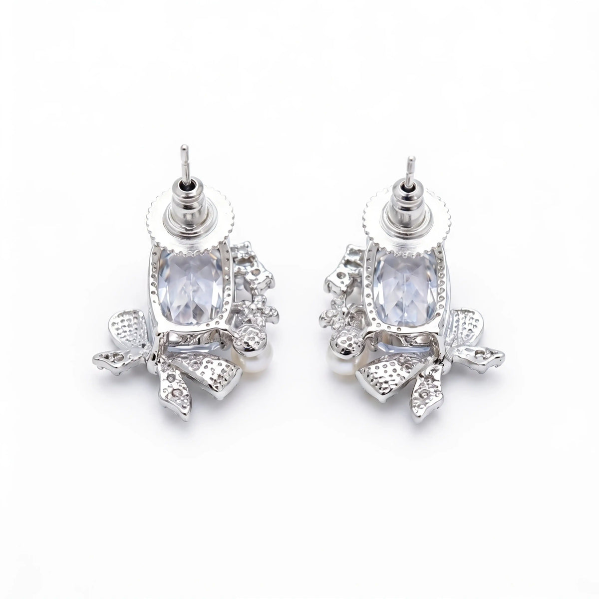 Bowelle White Crystal & Pearl Bow Stud Earrings, Cushion cut, Rhodium finish