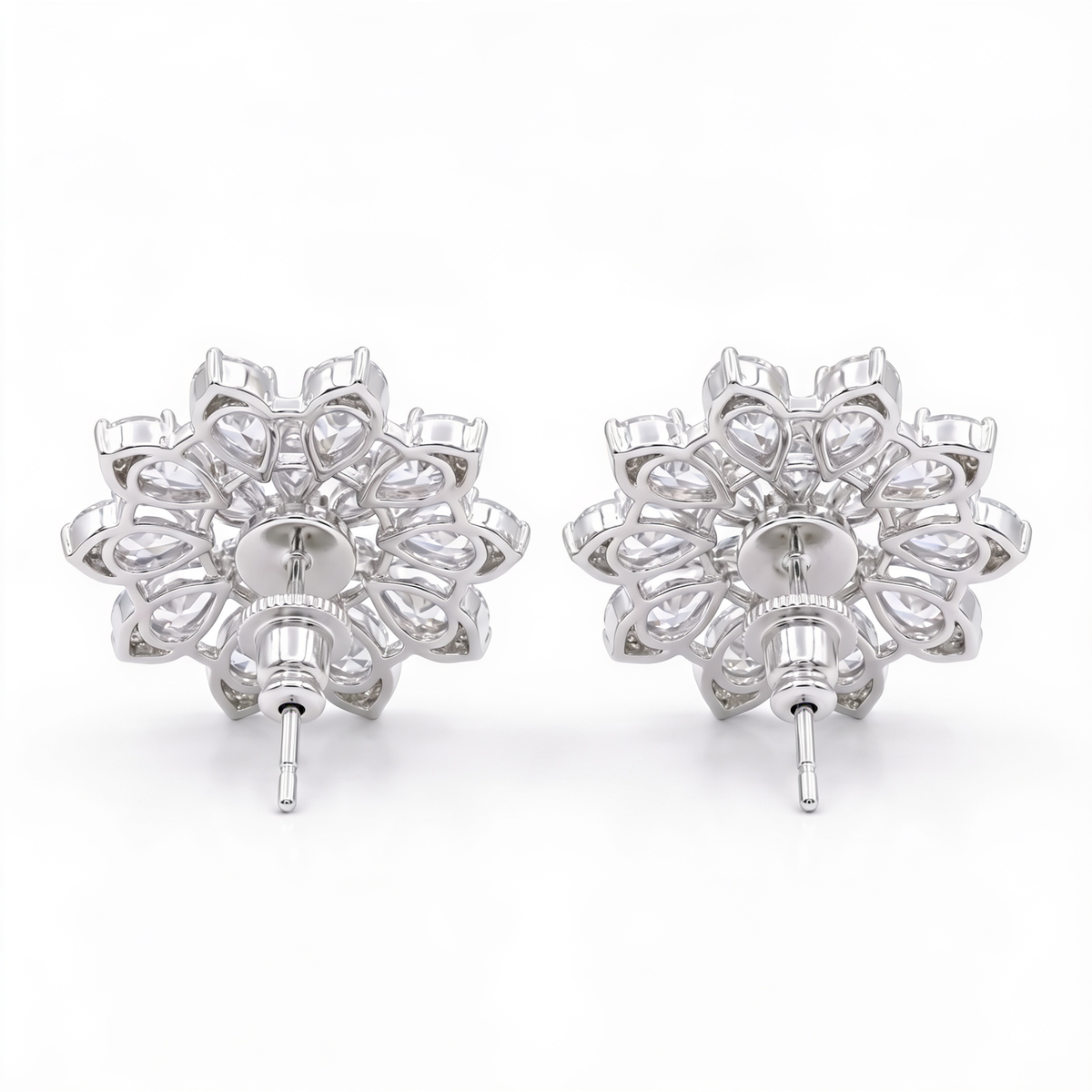 White Crystal Pear Cluster Flower Stud Earrings, Rhodium finish