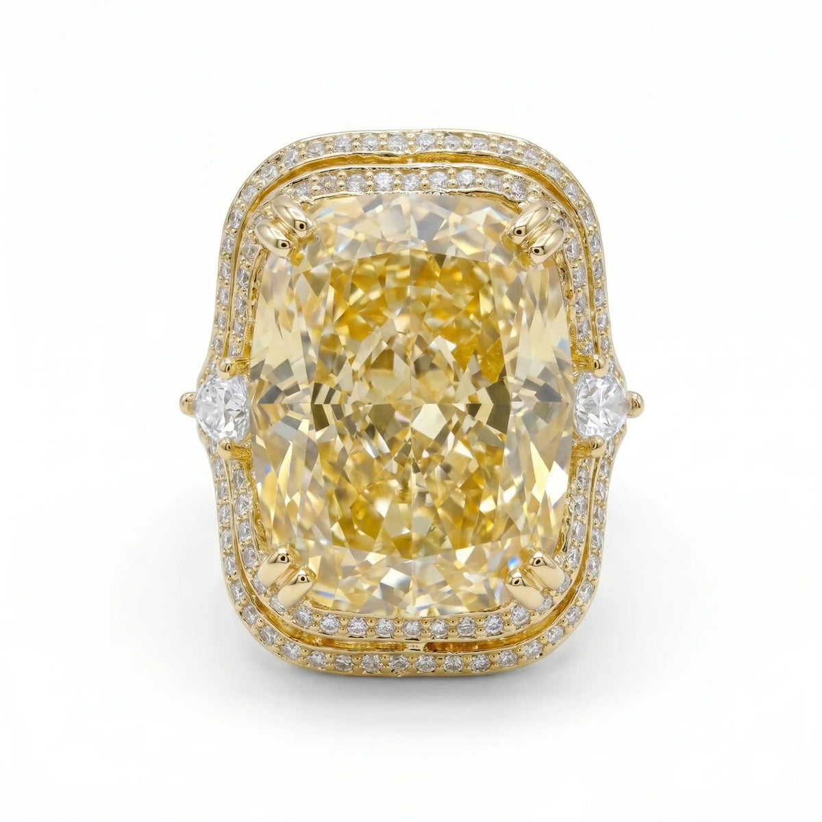 Crystal Cushion Cut Double Halo Statement Cocktail Ring, Gold finish