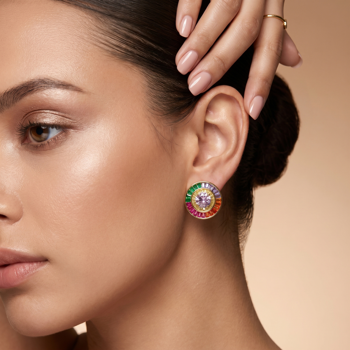 Orbis Multicolour Crystal Round Halo Stud Earrings, Gold finish