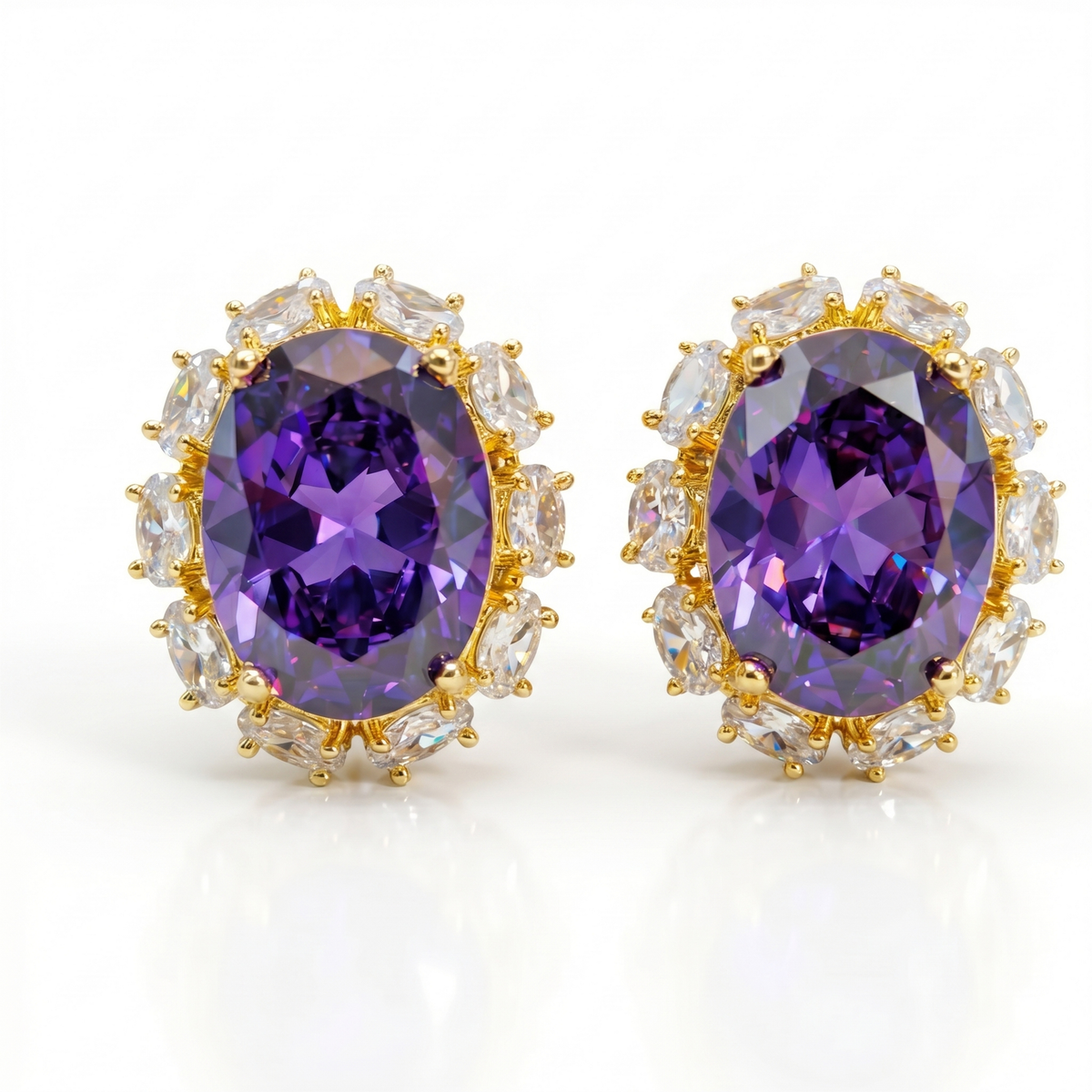 Rouge Oval Crystal Halo Stud Earrings, Gold finish