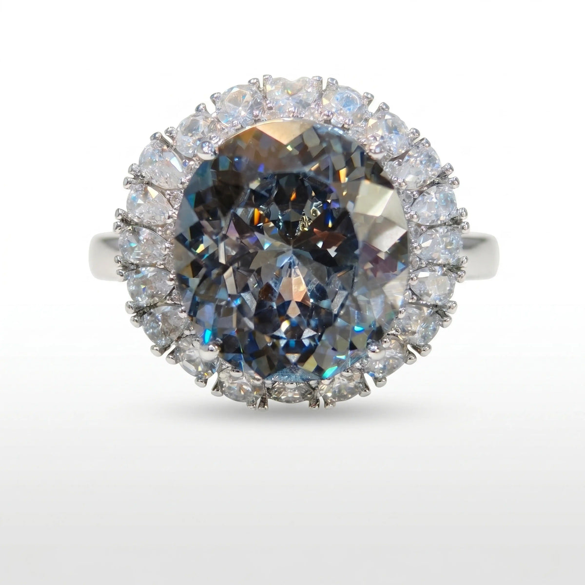 Grey crystal oval halo cocktail ring for women, rhodium finish - RANGREZ