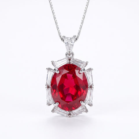 Noctis Rhodium Plated Red Ruby CZ Oval Pendant Necklace