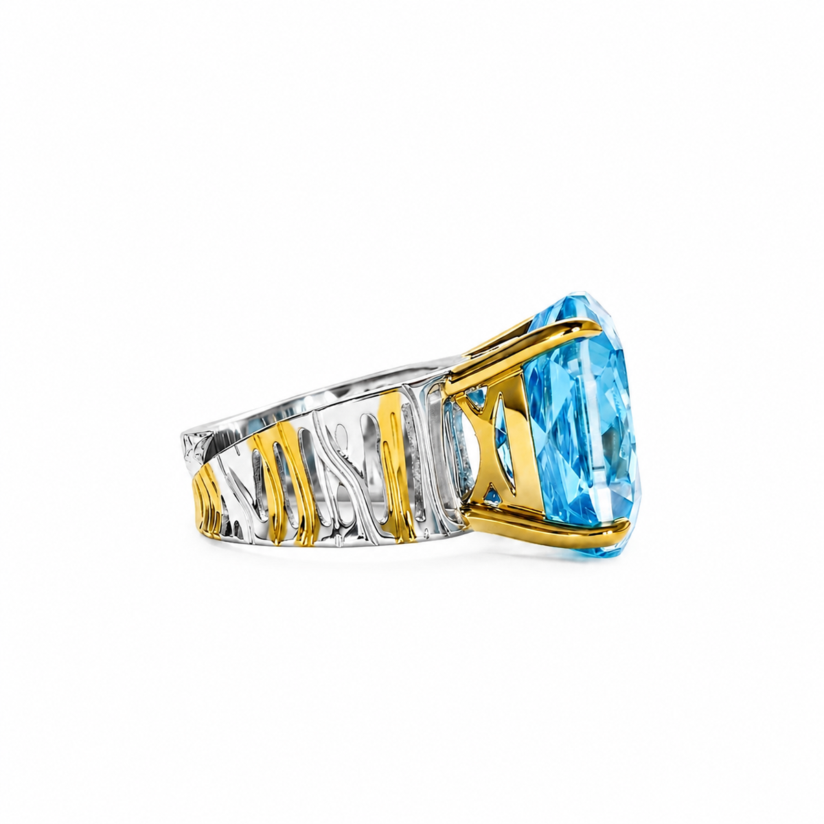 Blue Topaz crystal emerald cut two-tone cocktail ring for women, gold and rhodium finish (view 2) - RANGREZ