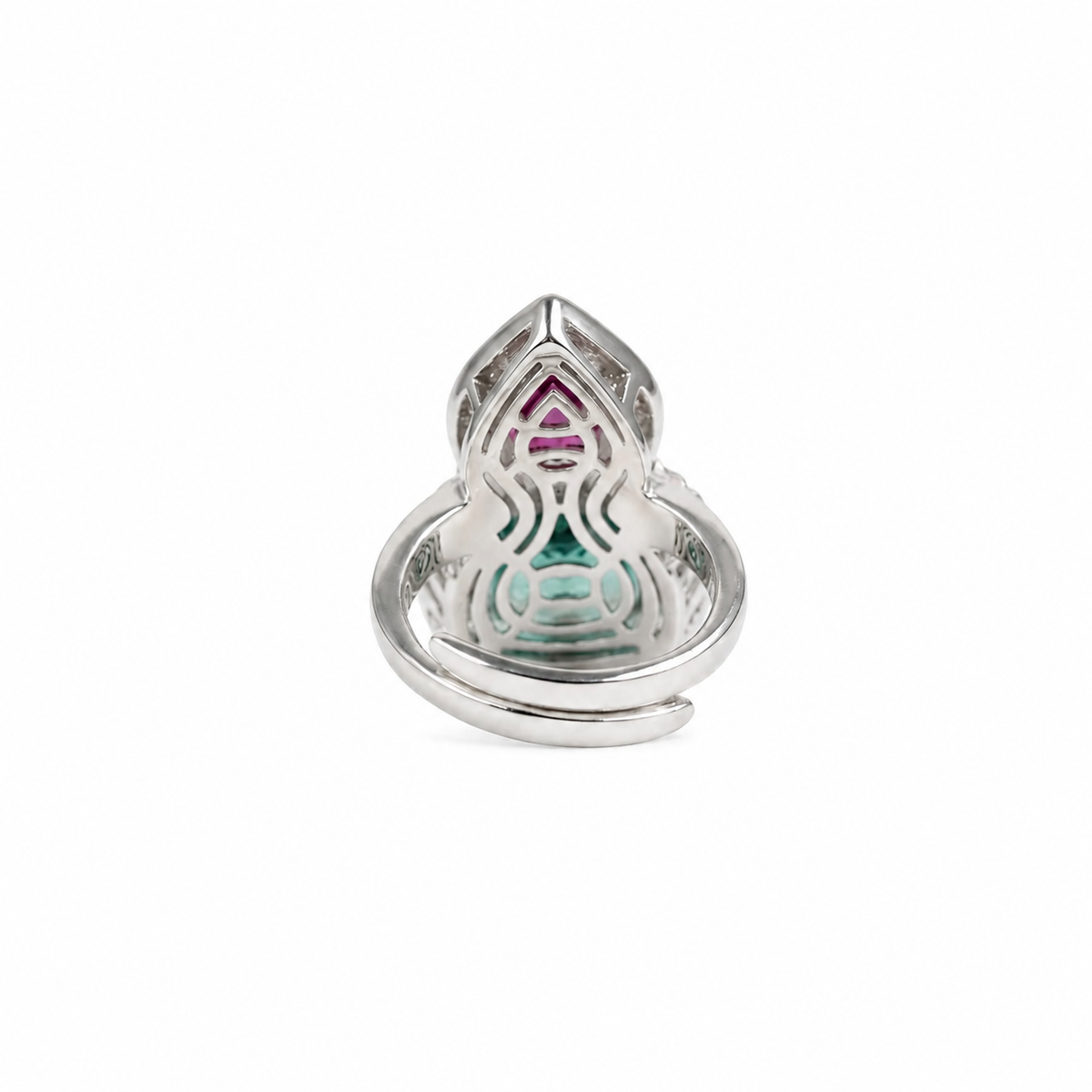 Green and red crystal pear drop cocktail ring for women, rhodium finish (view 2) - RANGREZ