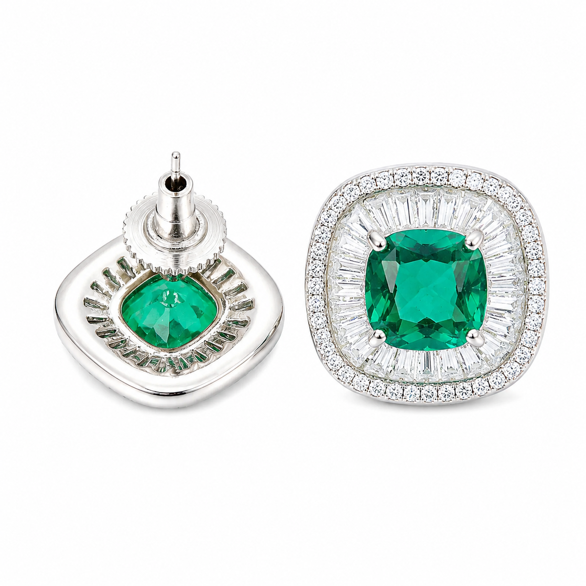Green Crystal Cushion Baguette Halo Stud Earrings, Rhodium finish
