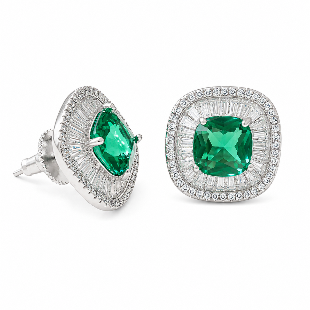 Green Crystal Cushion Baguette Halo Stud Earrings, Rhodium finish