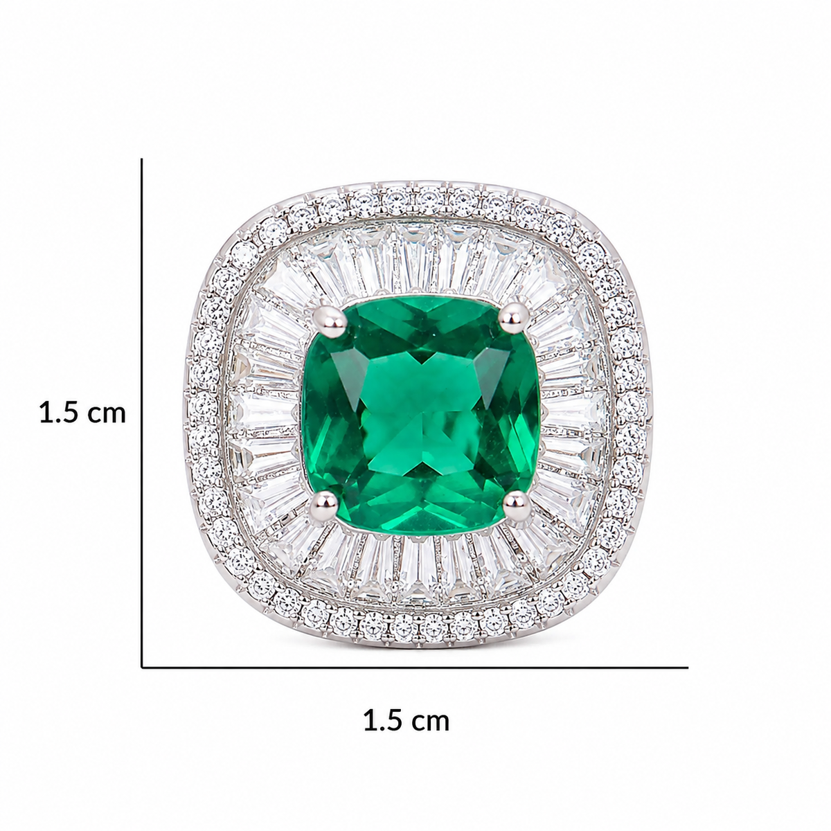 Green Crystal Cushion Baguette Halo Stud Earrings, Rhodium finish