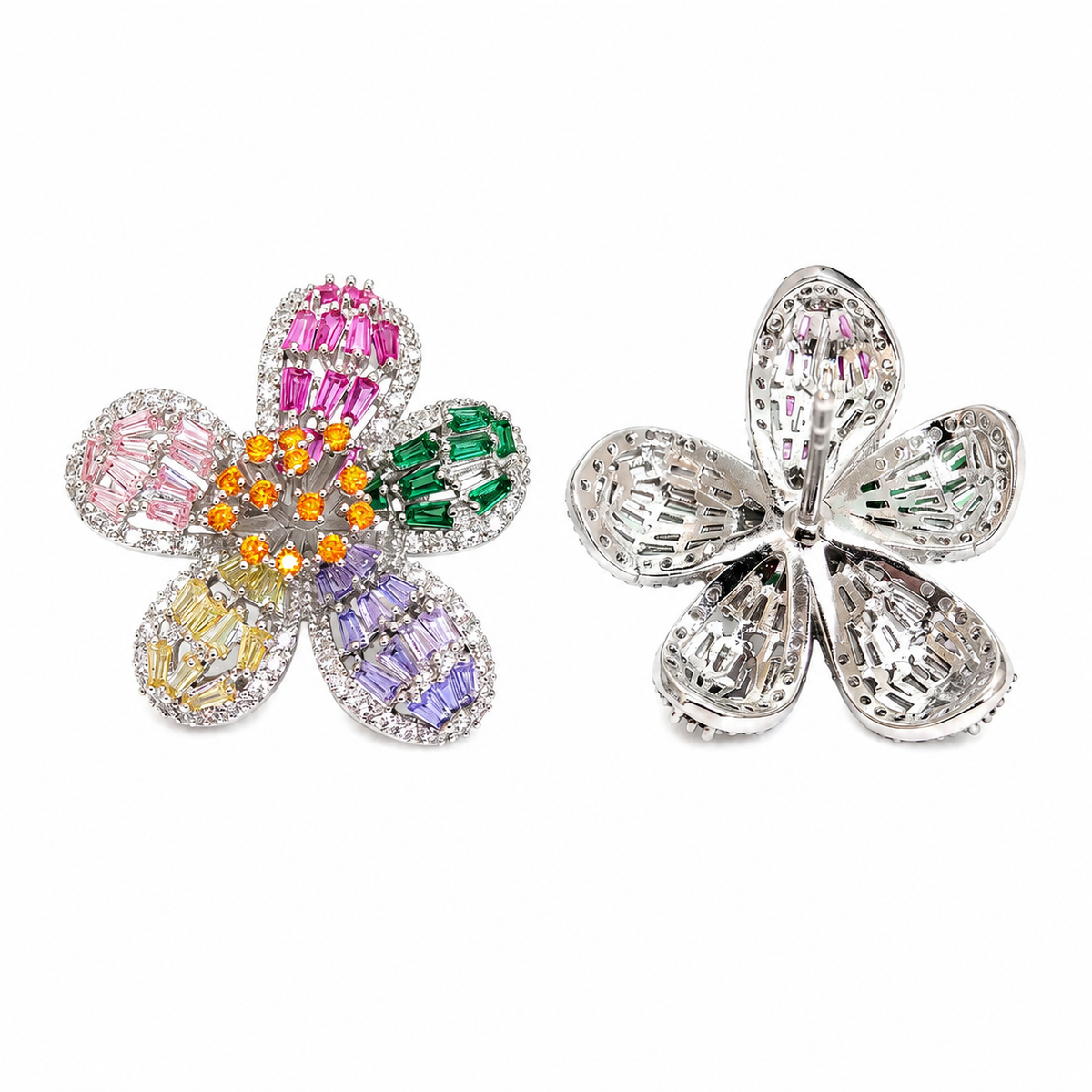 Multicolour Crystal Baguette Flower Stud Earrings, Rhodium finish