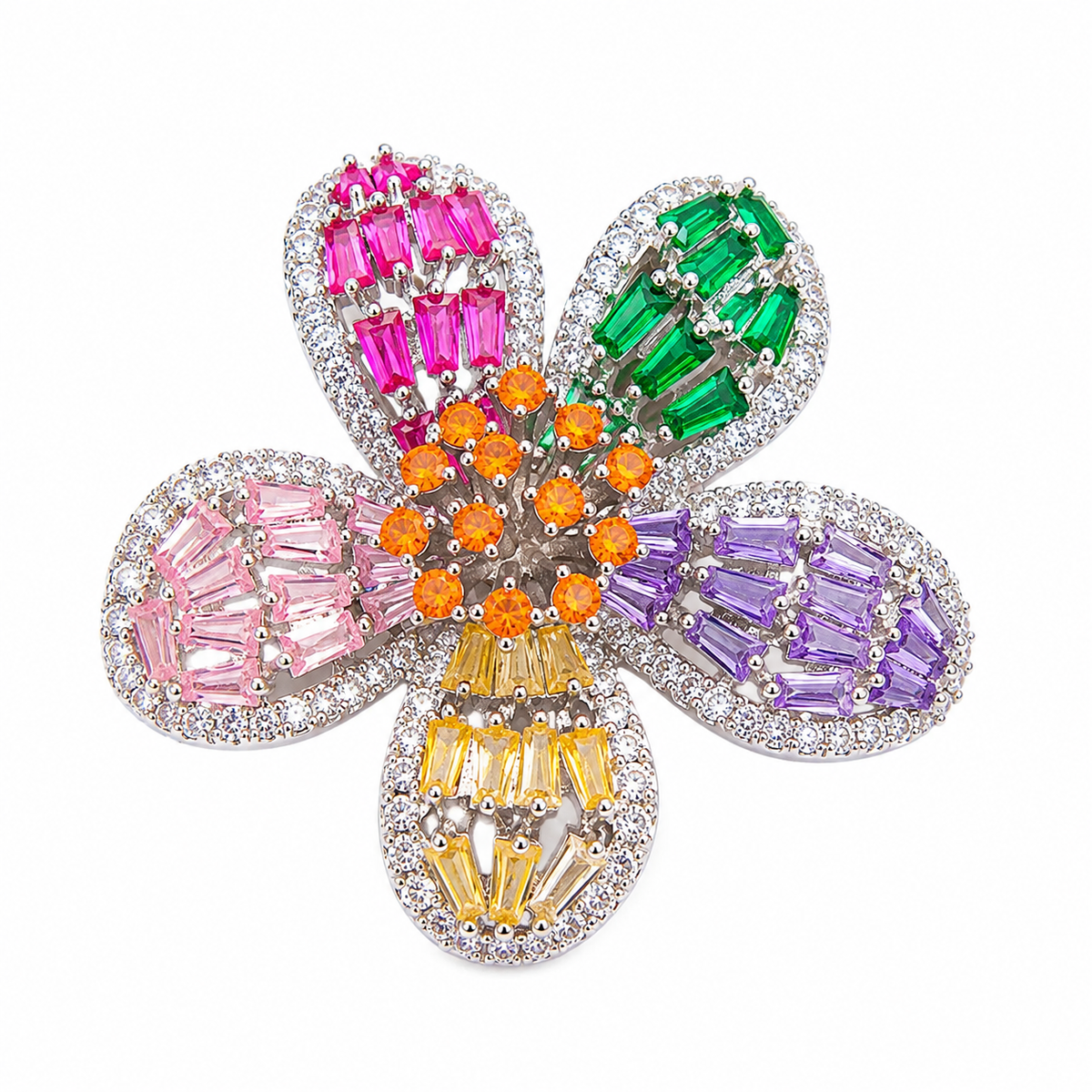 Multicolour Crystal Baguette Flower Stud Earrings, Rhodium finish