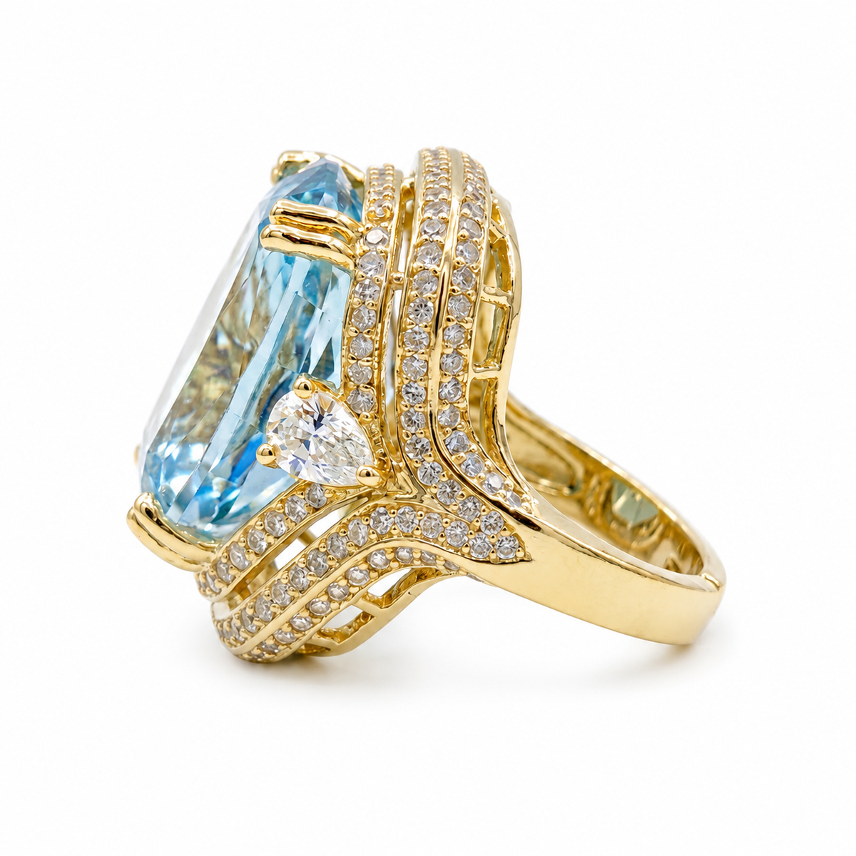 Crystal Cushion Cut Double Halo Statement Cocktail Ring, Gold finish