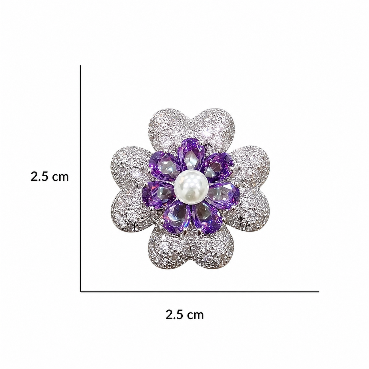 White & Purple Crystal Pearl Flower Stud Earrings, Rhodium finish