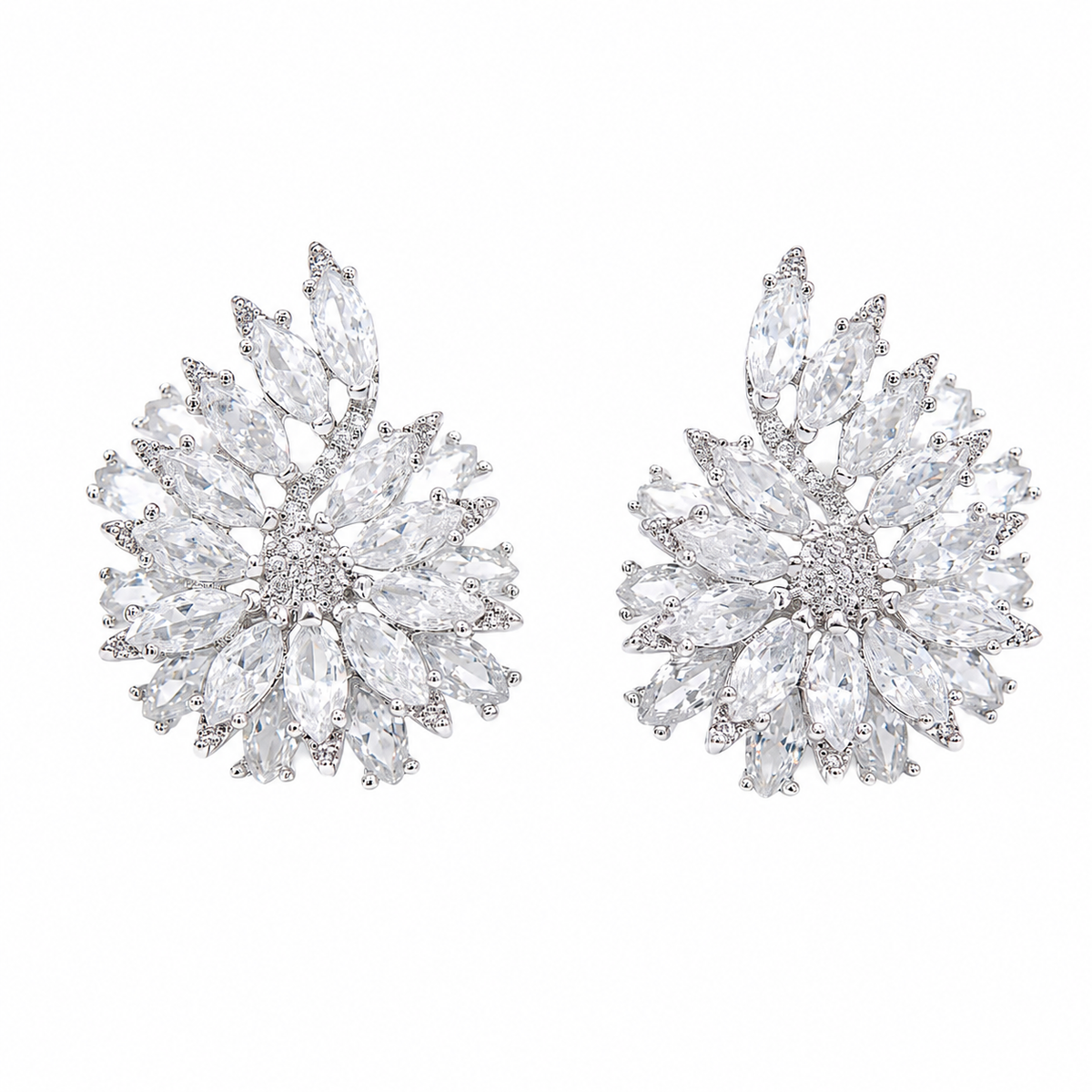 White Crystal Marquise Cluster Stud Earrings, Rhodium finish