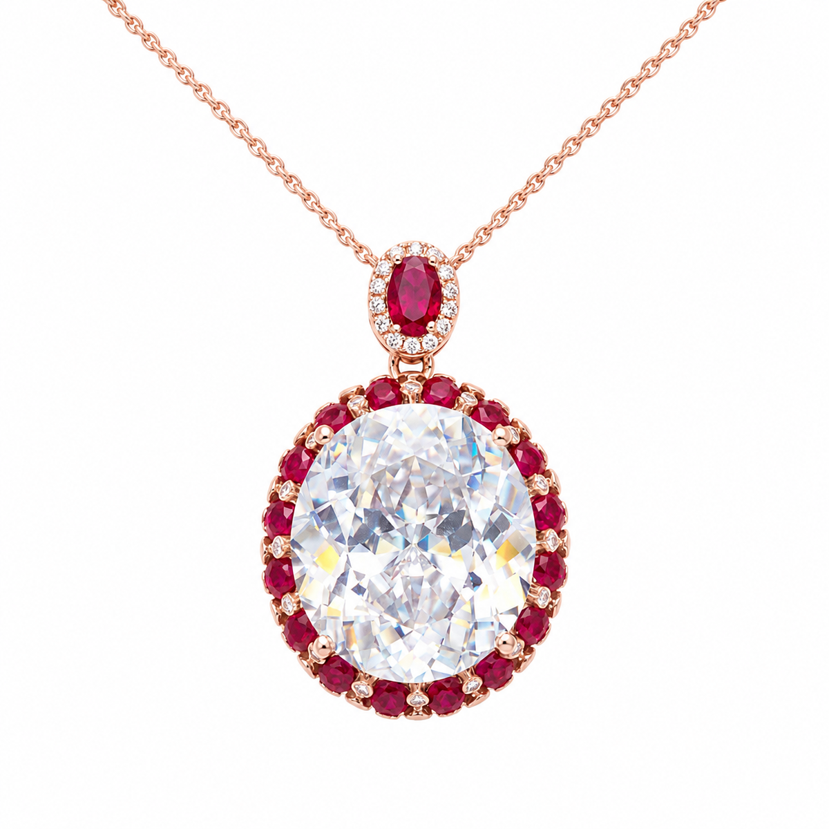 Seraphina White & Red Crystal Oval Halo Pendant Necklace, Rose Gold finish
