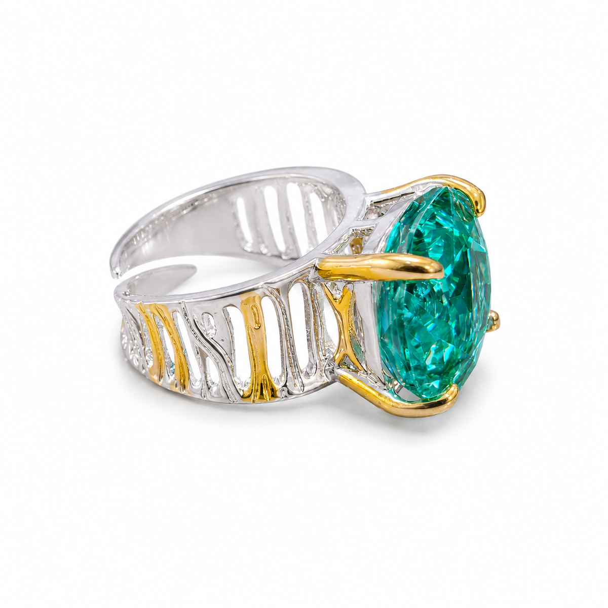 Canvas Crystal Emerald Cut Two-Tone Statement Cocktail Ring, Gold & Rhodium finish