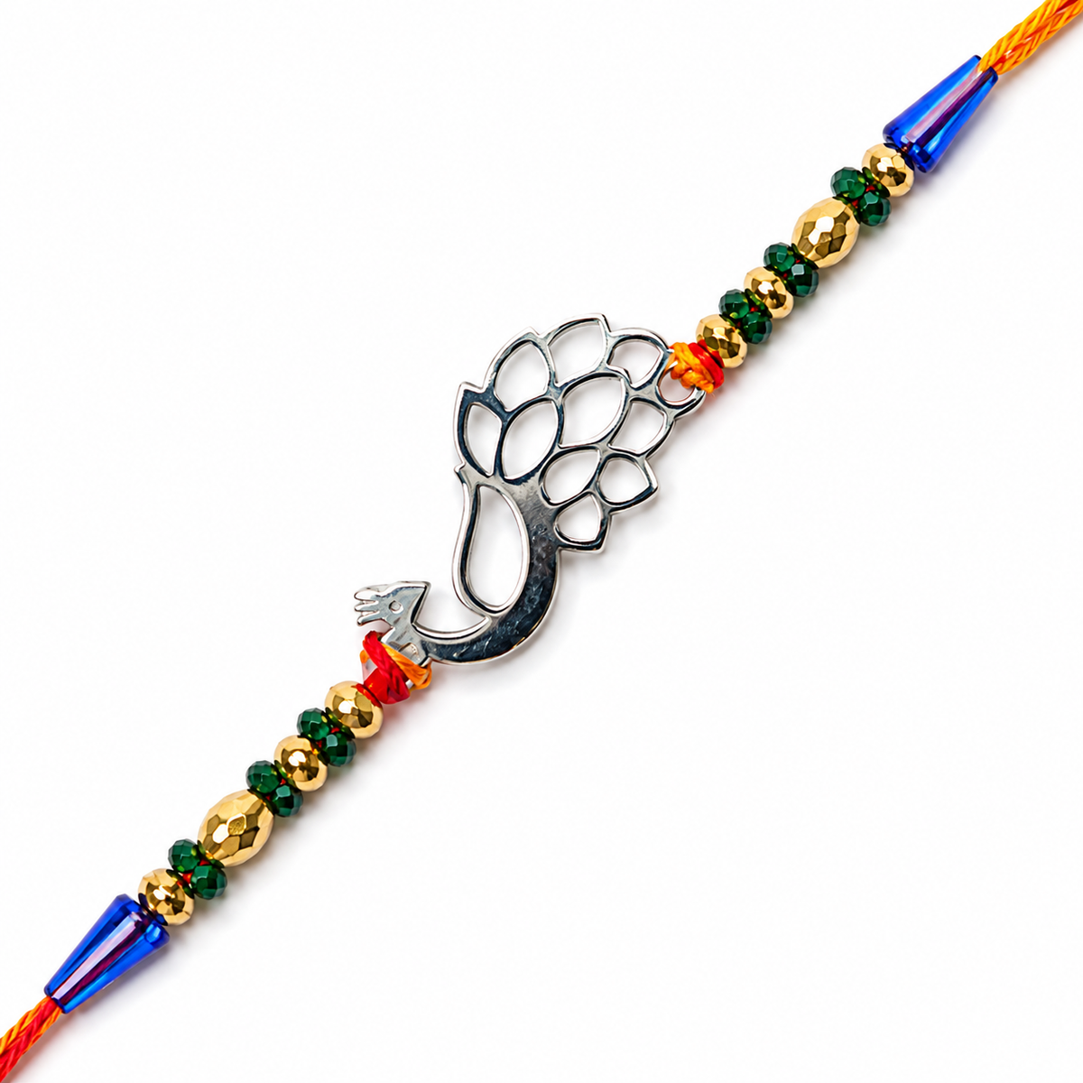 Peacock Cutout 92.5 Silver Rakhi with Green & Gold Beads
