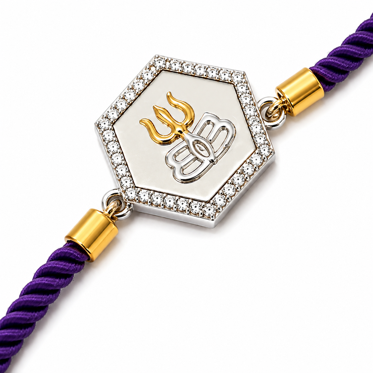 Mahadev Trishul CZ Hexagon 92.5 Silver Rakhi on Purple Cord
