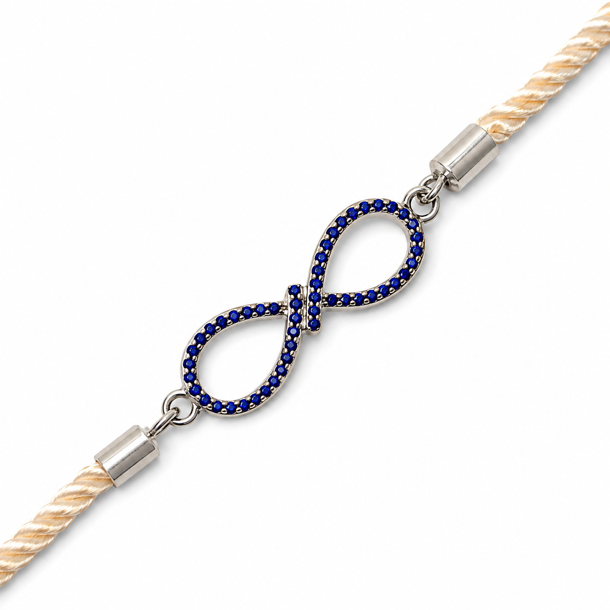 Blue Infinity CZ 92.5 Silver Rakhi on Cream Cord