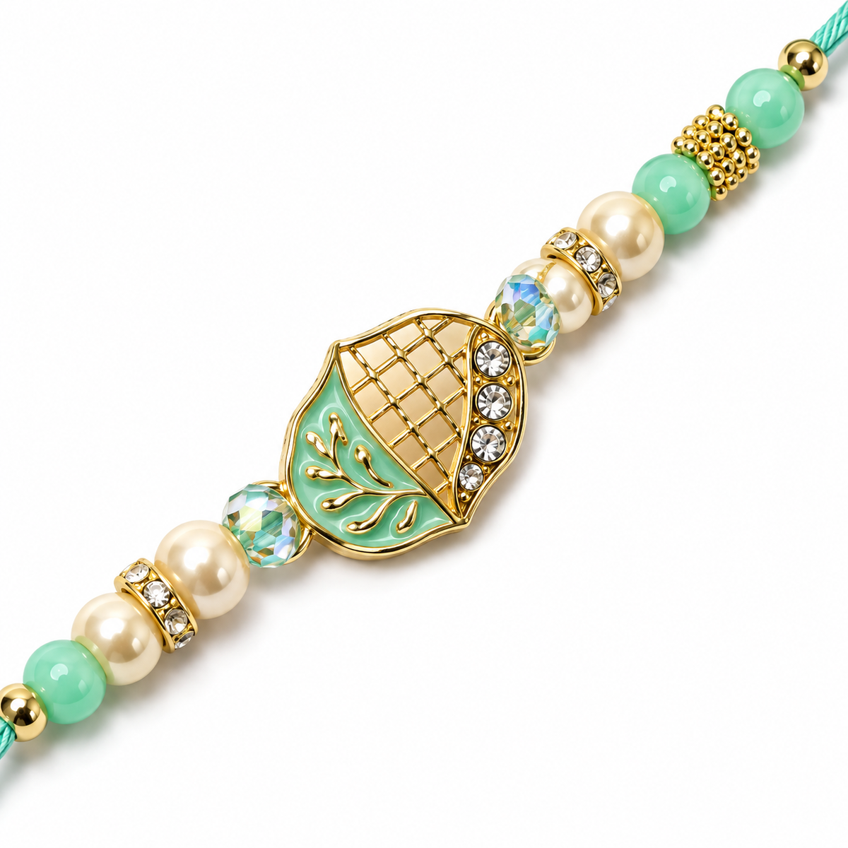 Mint Enamel Kalash 92.5 Silver Rakhi with Pearls