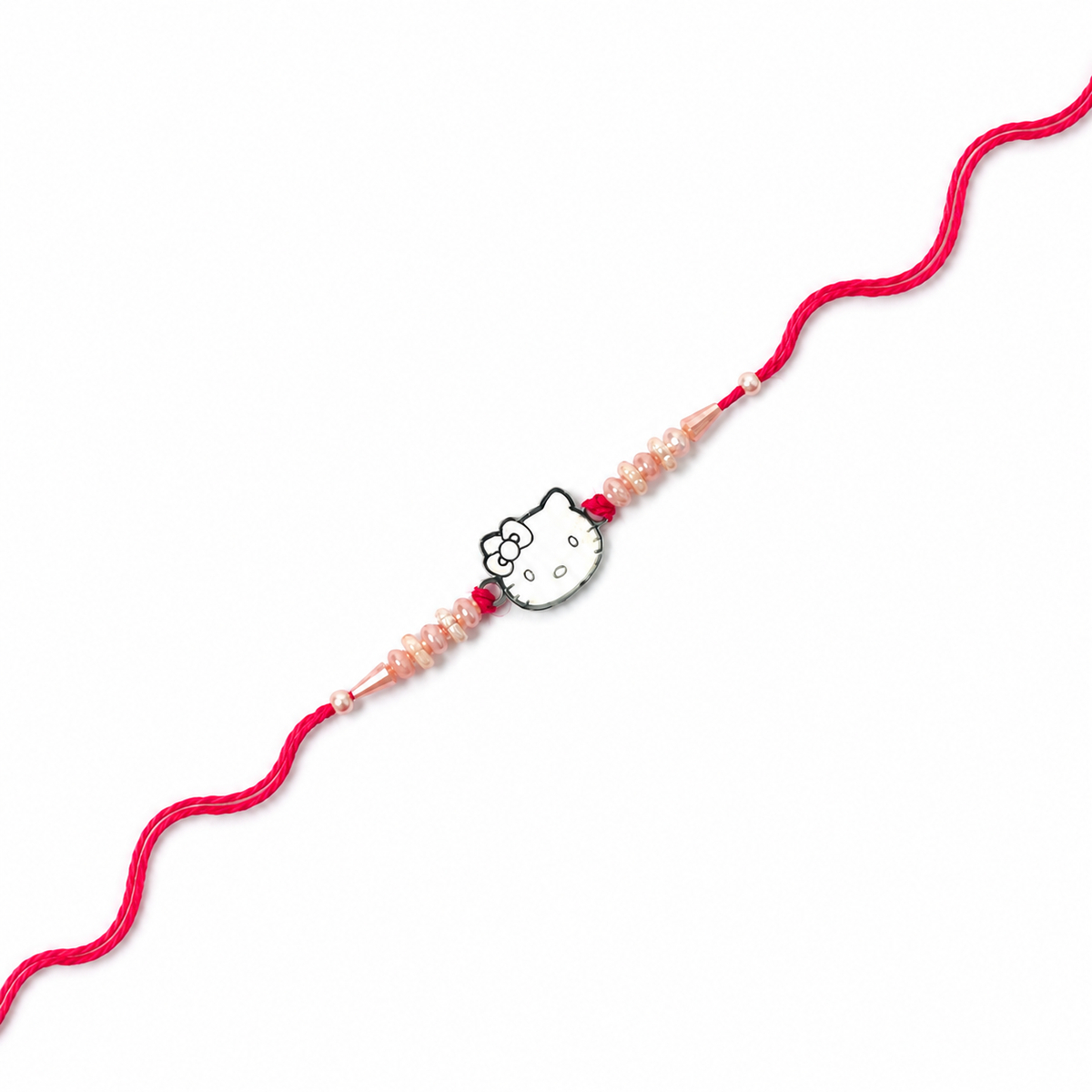 Kitty Charm Kids 92.5 Silver Rakhi with Peach Pearls