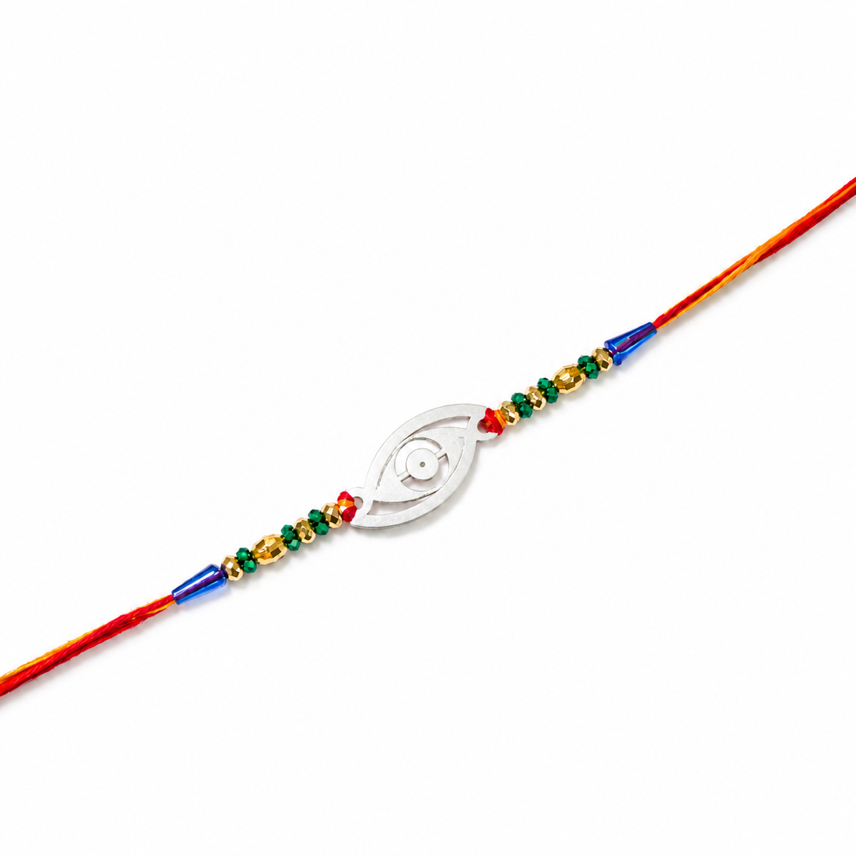 Evil Eye Cutout 92.5 Silver Rakhi with Multicolour Beads