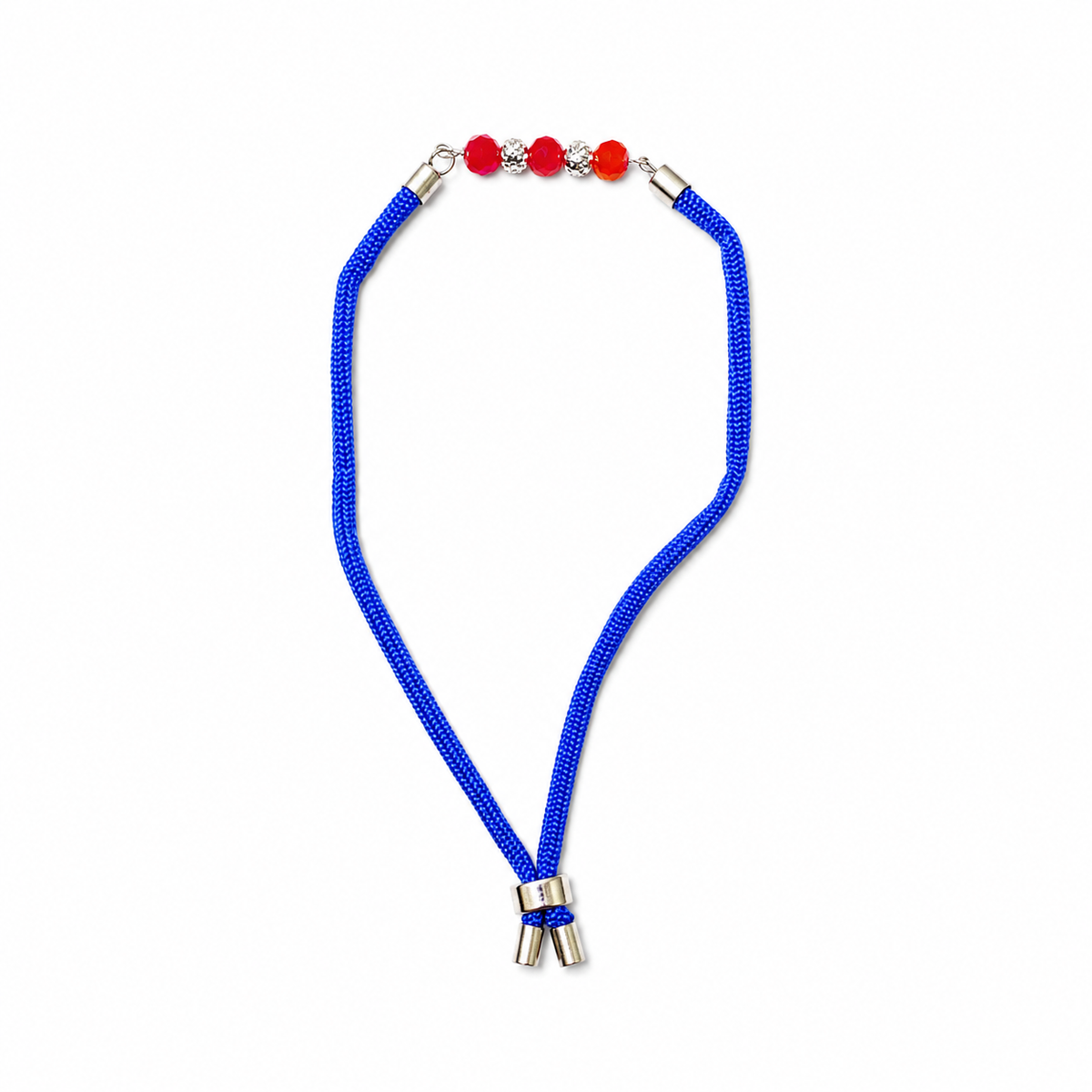 Red-Orange Crystal 92.5 Silver Rakhi on Royal Blue Cord