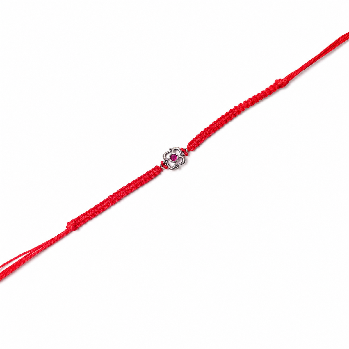 Antique Floral Stone 92.5 Silver Rakhi on Red Knotted Band