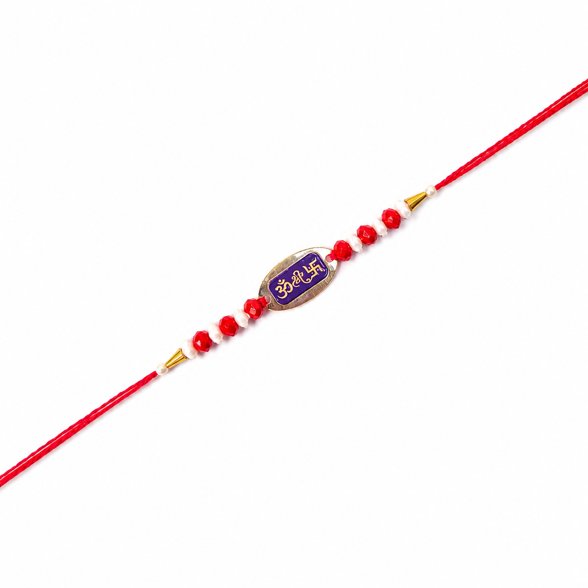 Om Enamel Oval 92.5 Silver Rakhi with Pearl & Red Beads