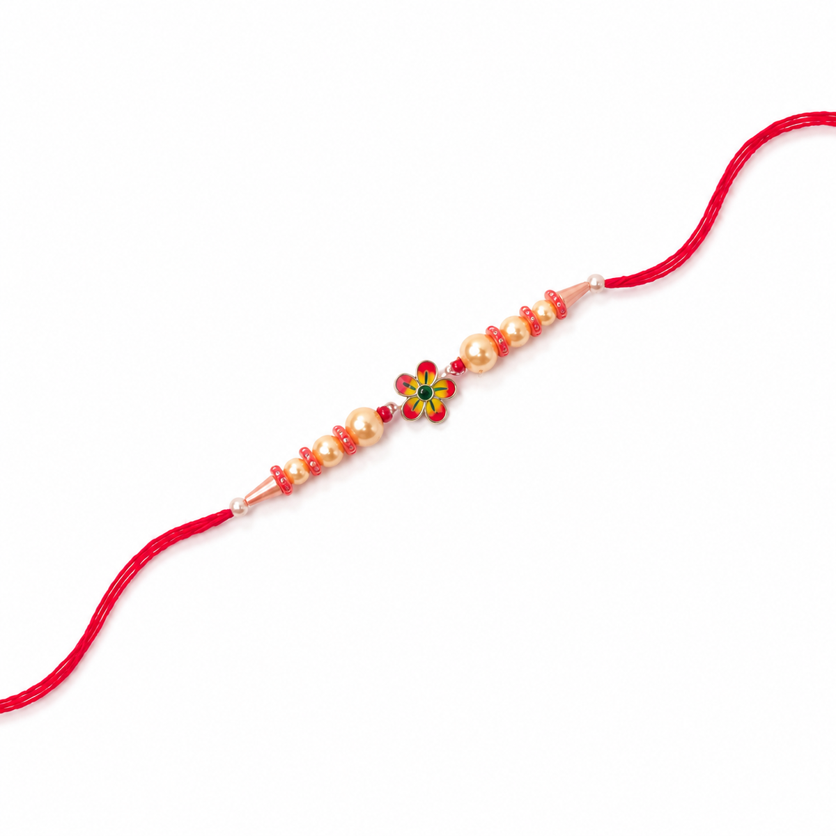 Red Blossom 92.5 Silver Rakhi with Golden Pearl Strand