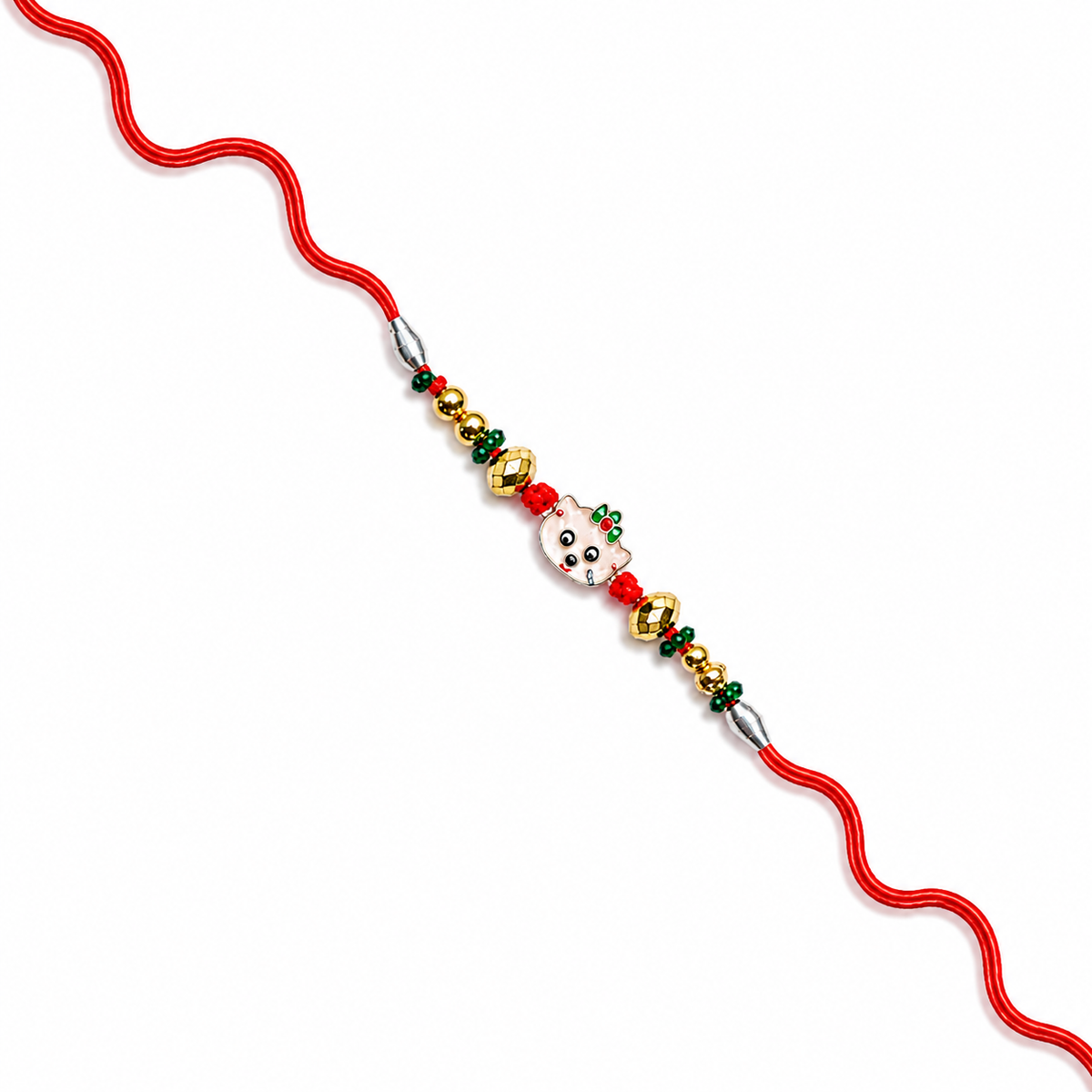 Cute Pink Charm Kids 92.5 Silver Rakhi with Green & Gold Beads