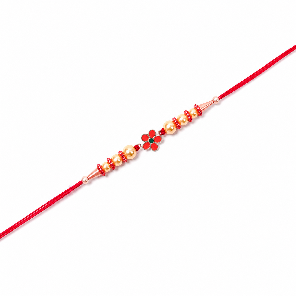 Red Daisy Charm 92.5 Silver Rakhi with Golden Pearls