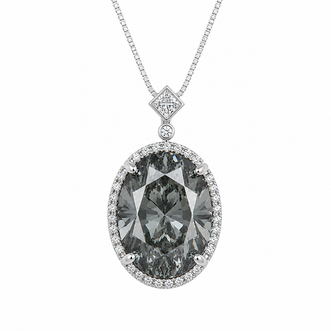 Diana Grey Crystal Oval Halo Pendant Necklace, Rhodium finish