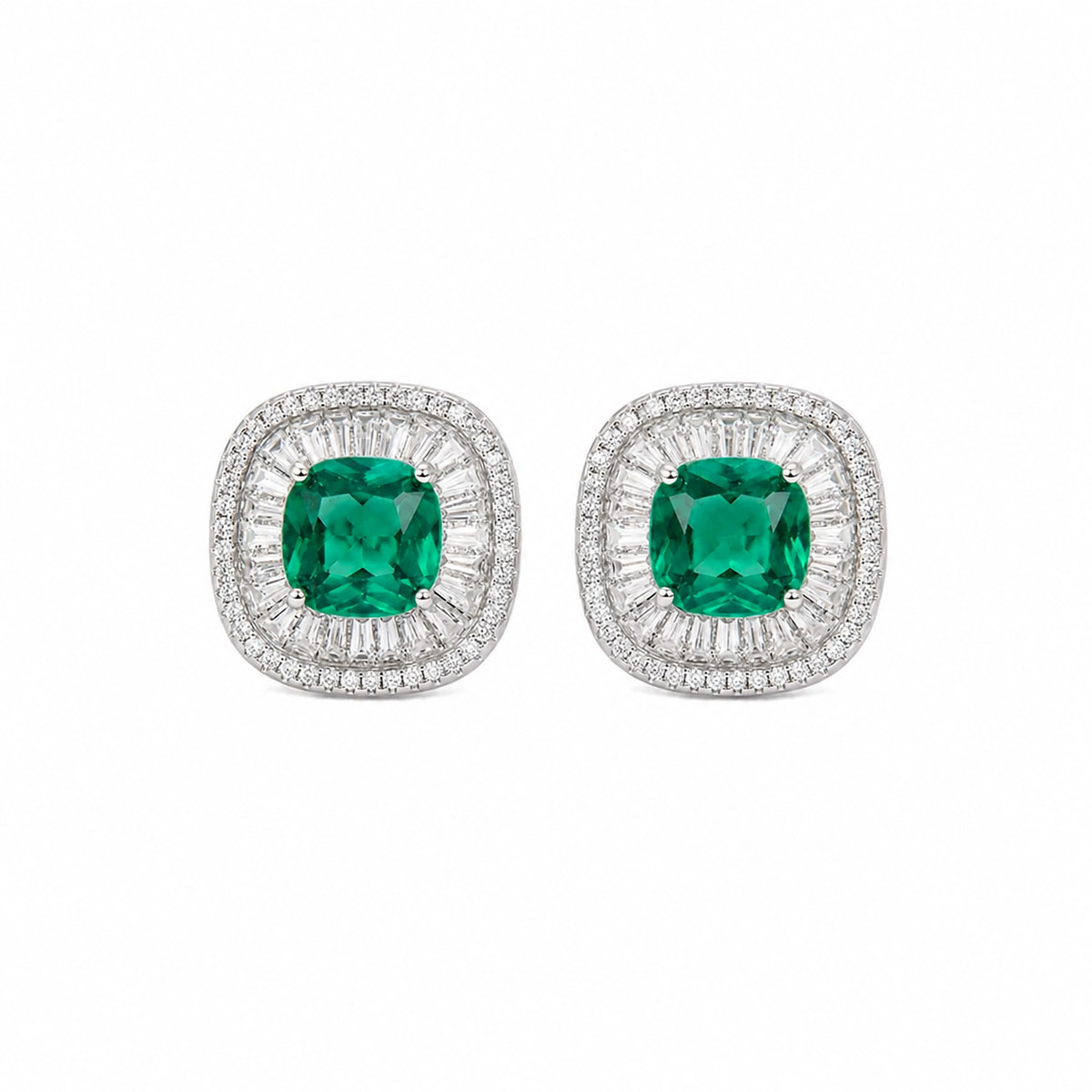 Green Crystal Cushion Baguette Halo Stud Earrings, Rhodium finish