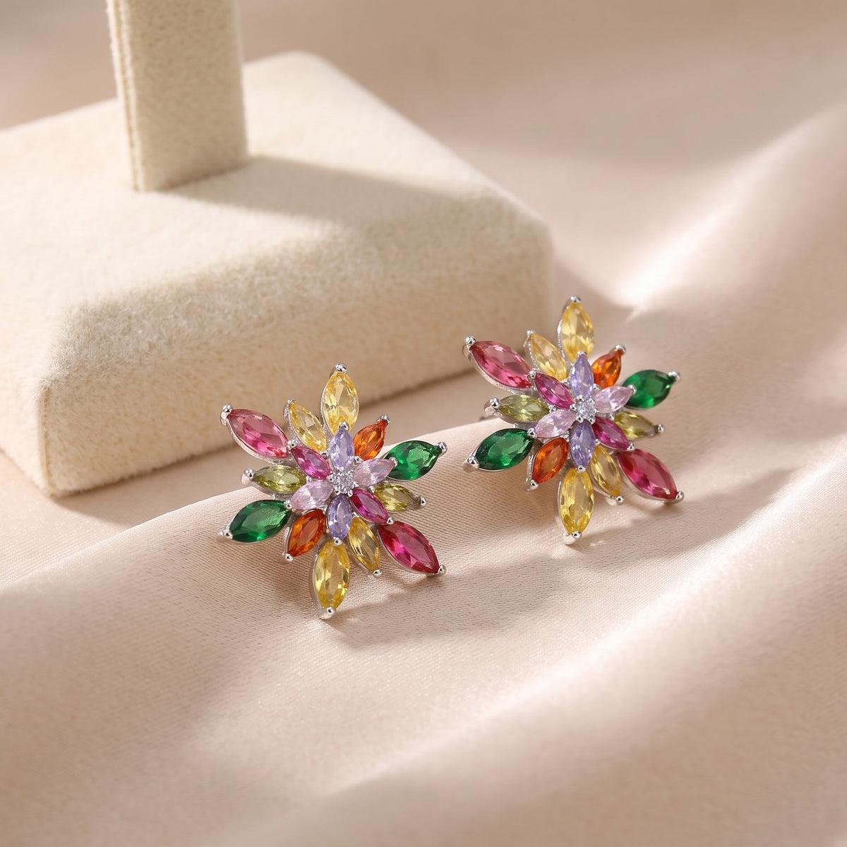Petalia Multicolour Crystal Floral Cluster Stud Earrings, Marquise cut, Rhodium finish