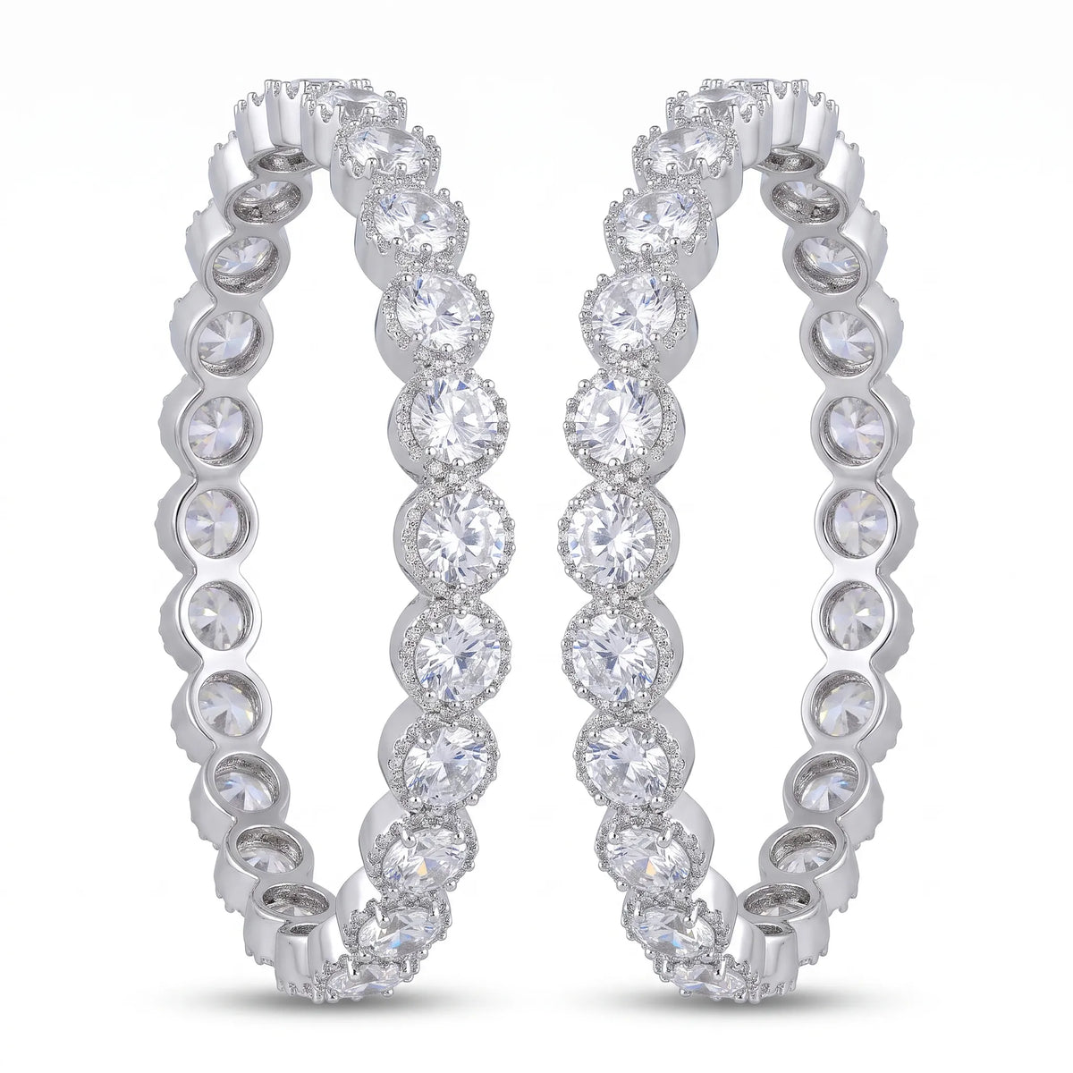 White crystal solitaire eternity bangles pair for women, rhodium finish (view 3) - RANGREZ