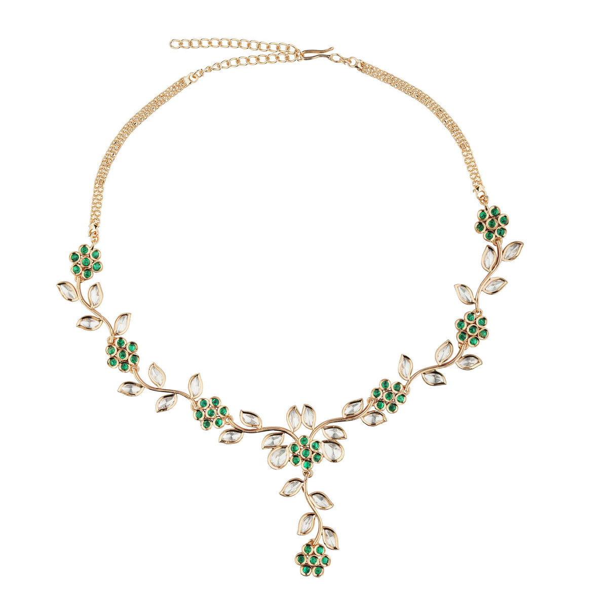 Floral Elegance Green and White CZ Necklace Set With Earrings Close-Up Product Image