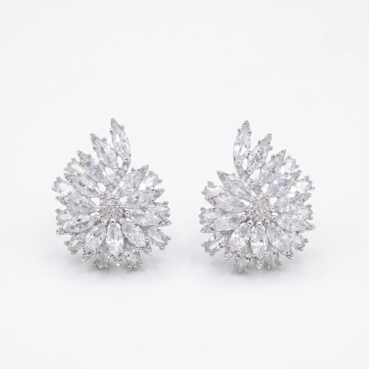 White Crystal Marquise Cluster Stud Earrings, Rhodium finish