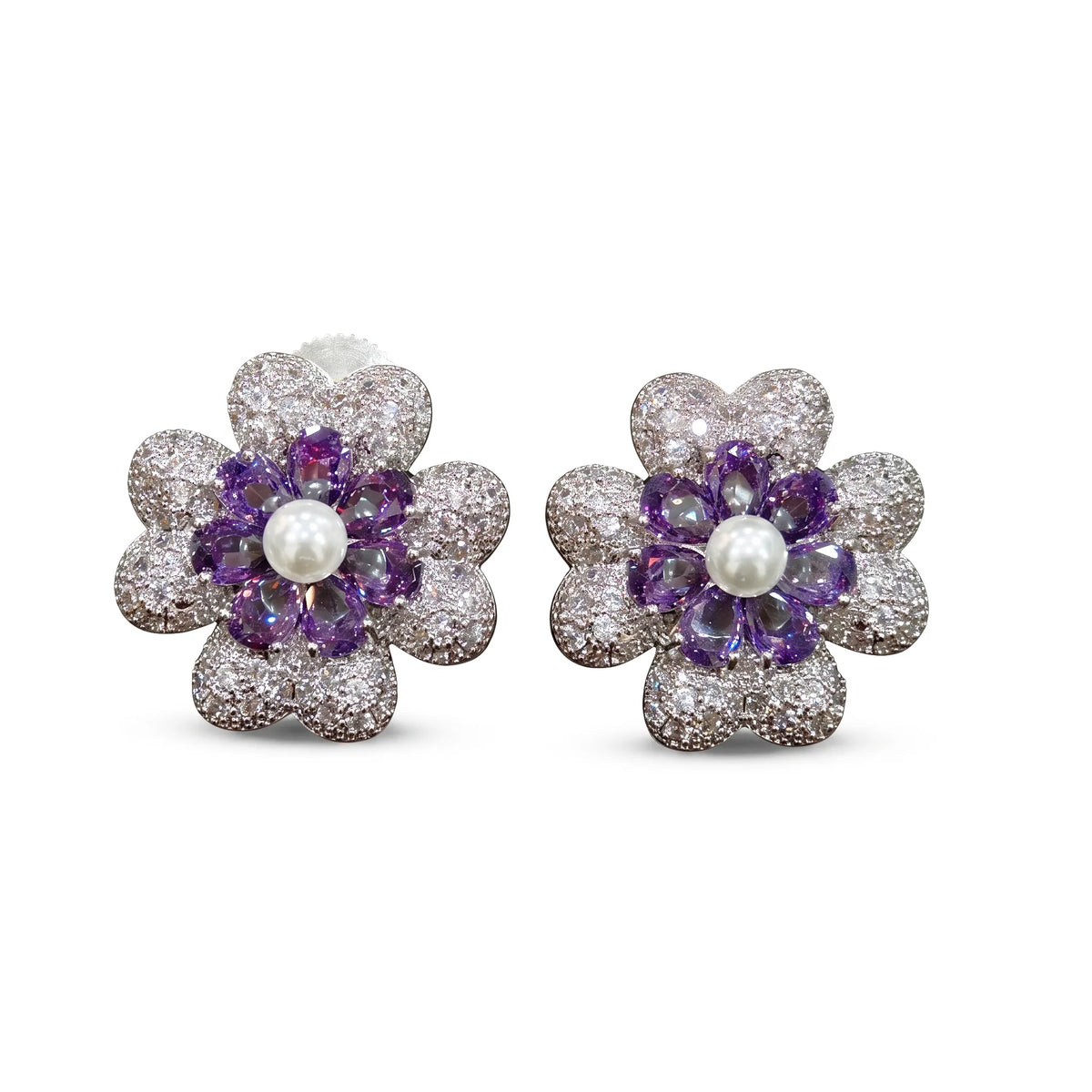White & Purple Crystal Pearl Flower Stud Earrings, Rhodium finish