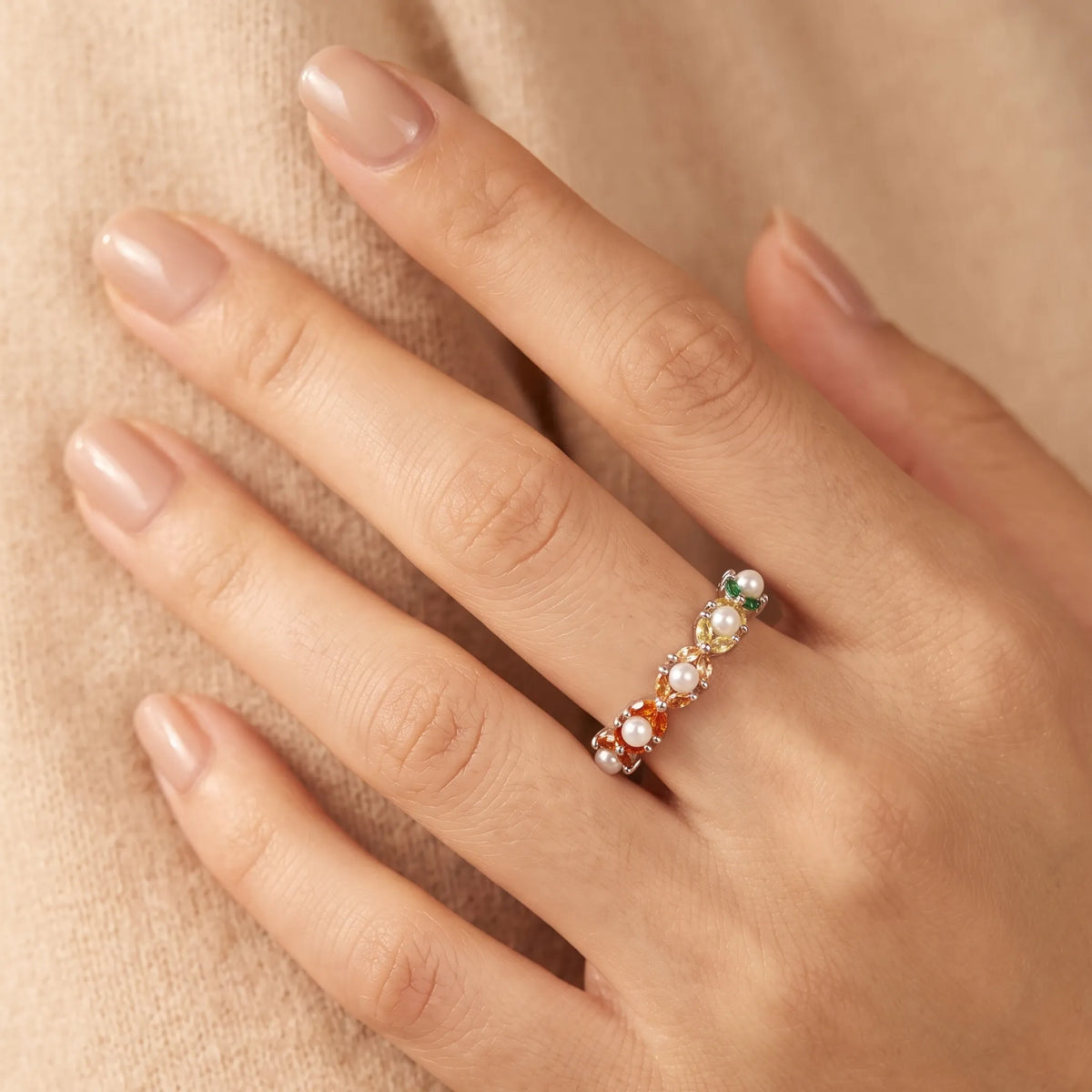 Multicolour Pearl & CZ Half-Eternity Band Ring – Silver-Tone Stackable Ring