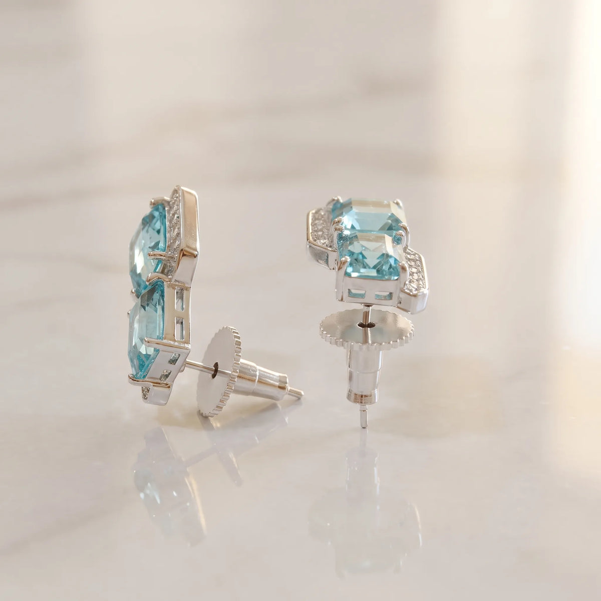 Square cut crystal stud earrings for women, CZ halo - RANGREZ (view 15)