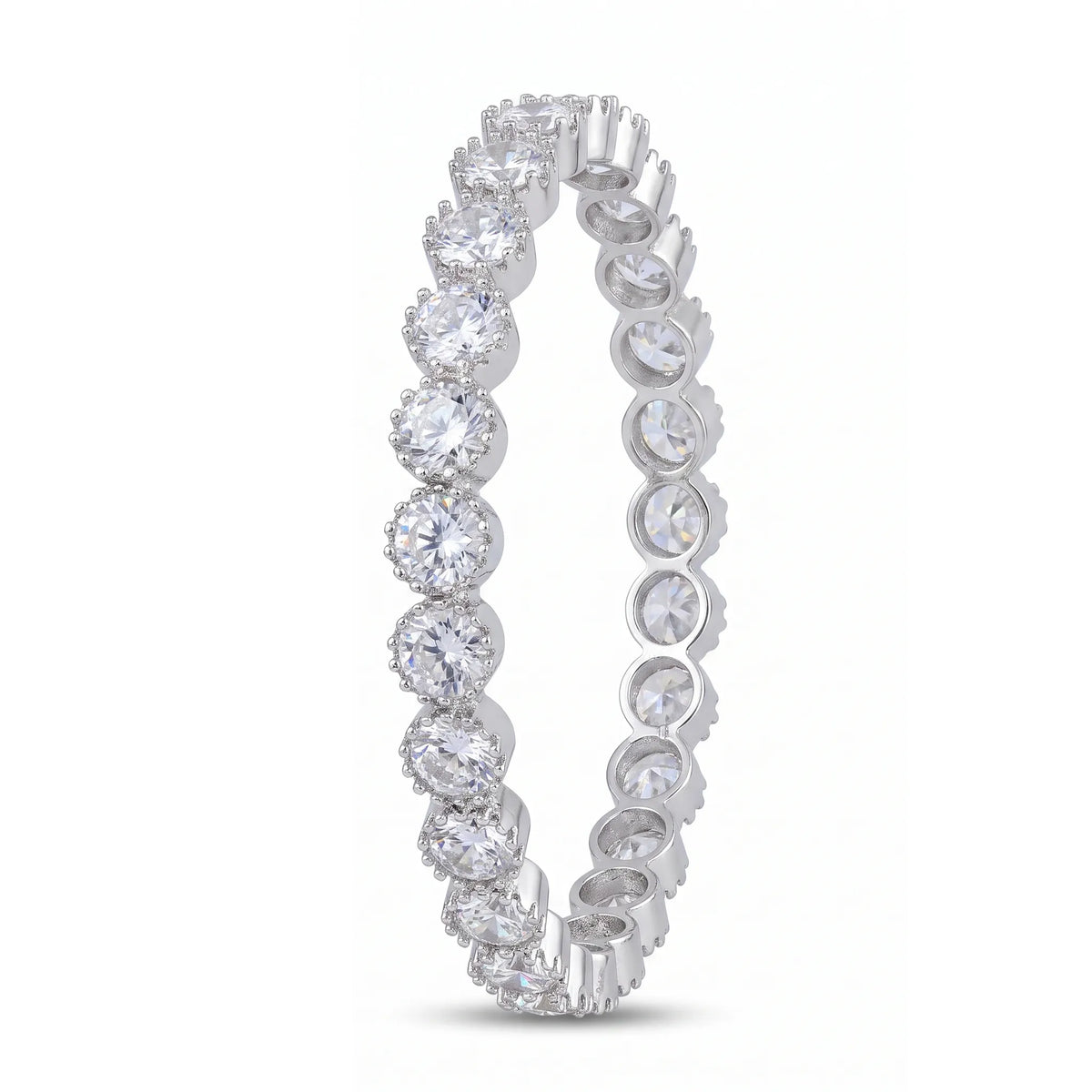 White crystal solitaire eternity bangles pair for women, rhodium finish (view 2) - RANGREZ
