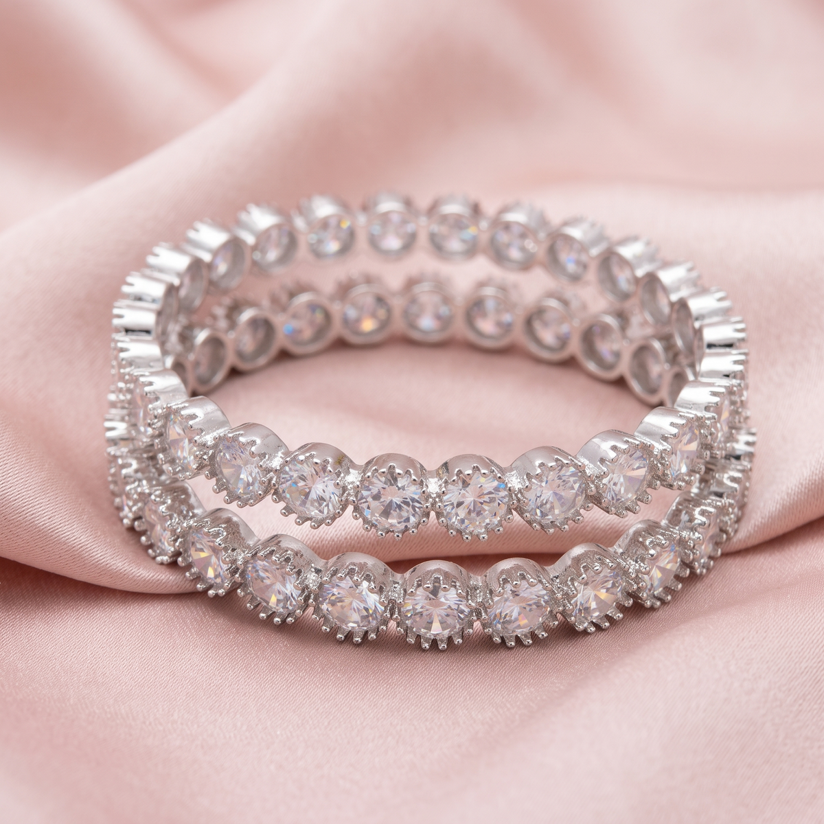 Silver-Tone Round Crystal Bangle Pair