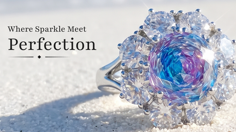 Aurora Crystal Cushion Halo Cocktail Ring, Rhodium finish