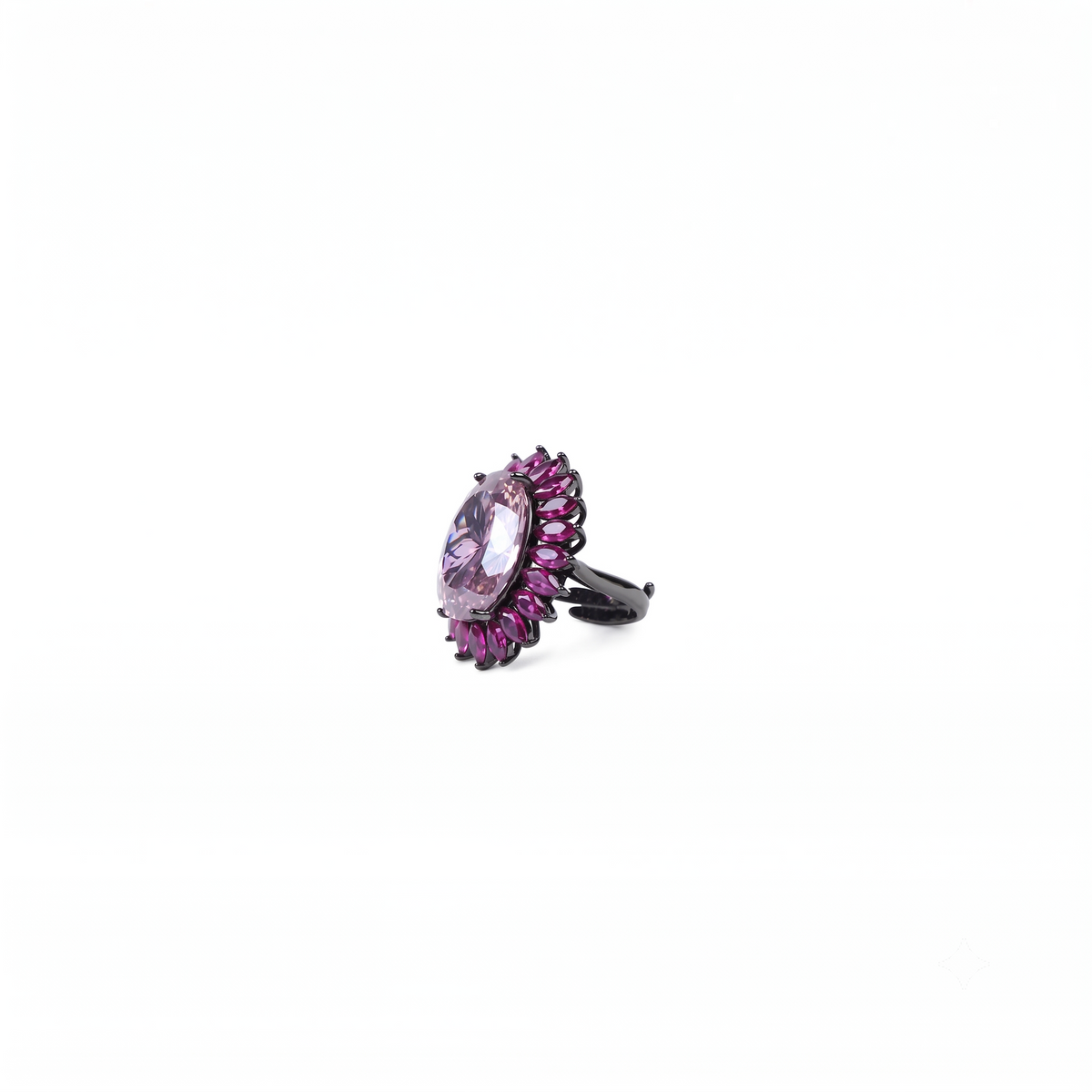 Pink oval crystal halo cocktail ring for women, black rhodium finish (view 3) - RANGREZ
