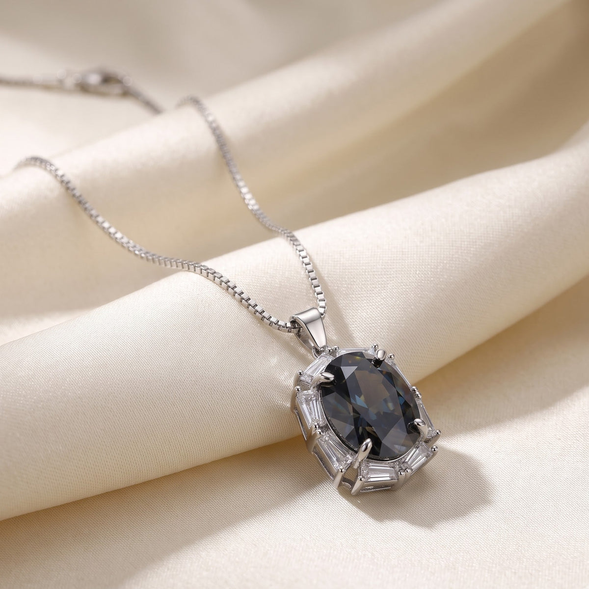 Noctis Grey Crystal Oval Baguette Halo Pendant Necklace, Rhodium finish