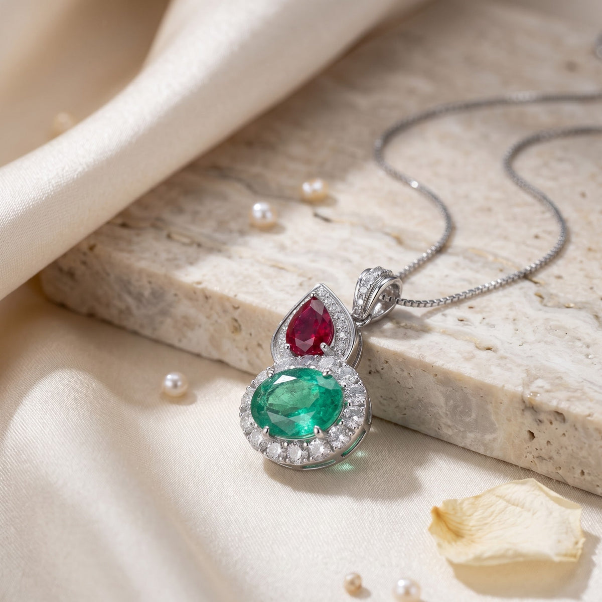 Green and red crystal pear drop pendant necklace for women, rhodium finish (view 2) - RANGREZ